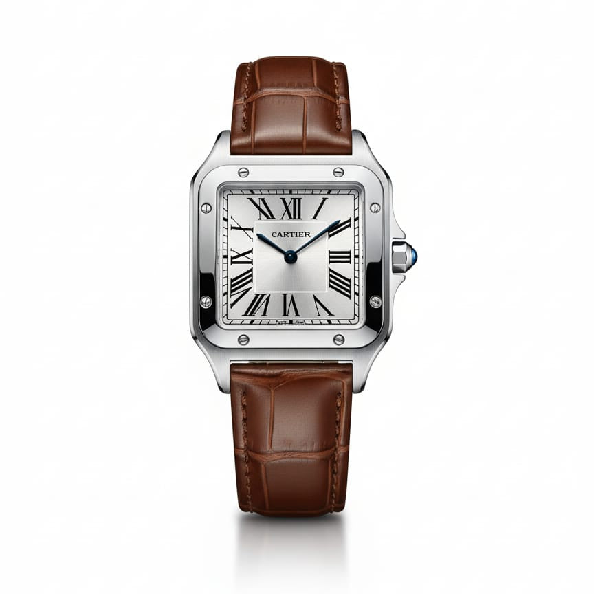 Santos de Cartier Silver frame white dial and Brown leather strap