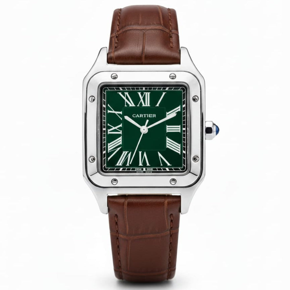Santos de Cartier Silver frame Green dial and Brown leather strap