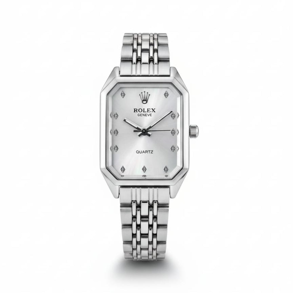 Rolex Quartz Square Silver Watch With White dial and Silver logo for women