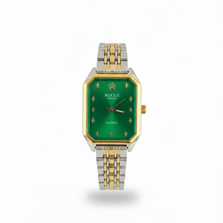 Rolex Quartz Square Silver, Gold Watch With Green dial for women