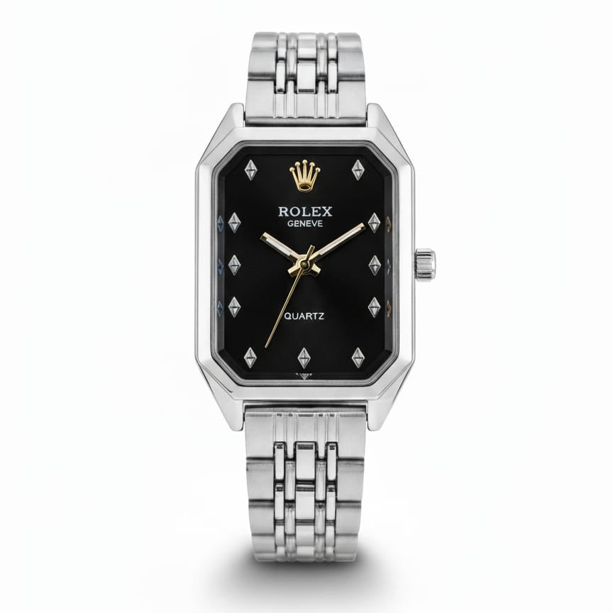 Rolex Quartz Square Silver Watch With Black dial and Gold logo for women