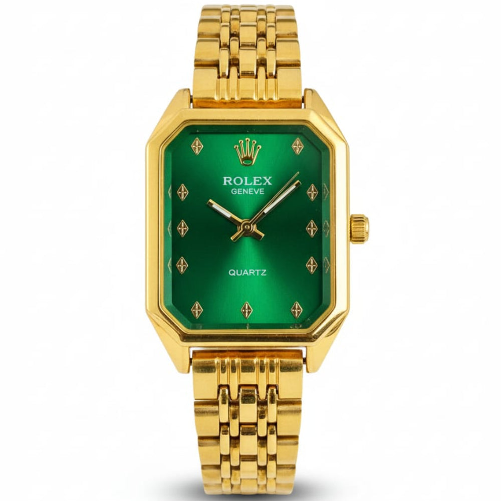 Rolex Quartz Square Golden Watch With Green dial for women