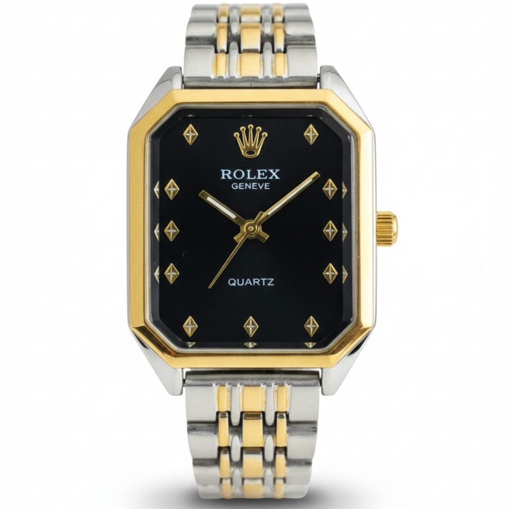 Rolex Quartz Square Silver, Gold Watch With Black dial for women