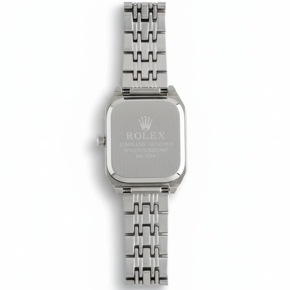 Rolex Quartz Square Silver Watch With Black dial and Gold logo for women