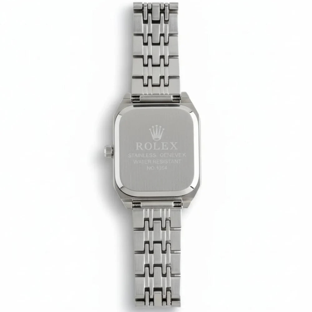 Rolex Quartz Square Silver Watch With Black dial and Silver logo for women