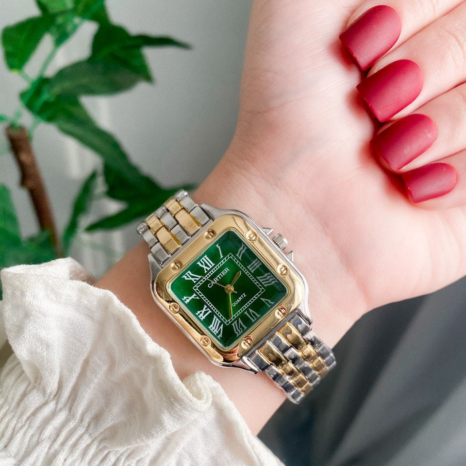 Cartier Santos Lady woman Silver, Gold With Green dial