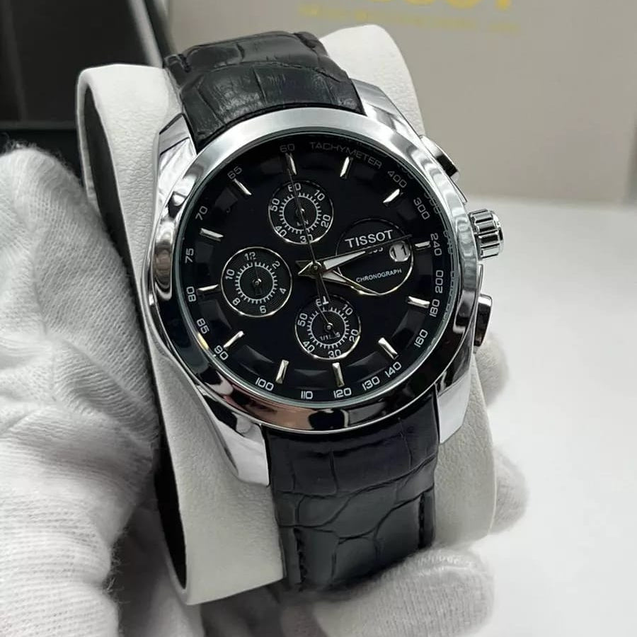 Tissot  Couturier Chronograph Black Dial Black Leather Strap