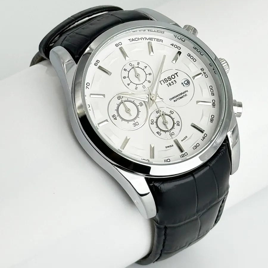 Tissot  Couturier Chronograph White Dial Black Leather Strap