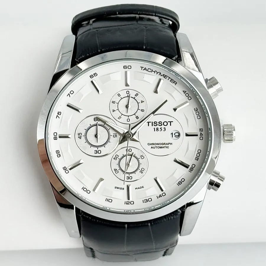 Tissot  Couturier Chronograph White Dial Black Leather Strap