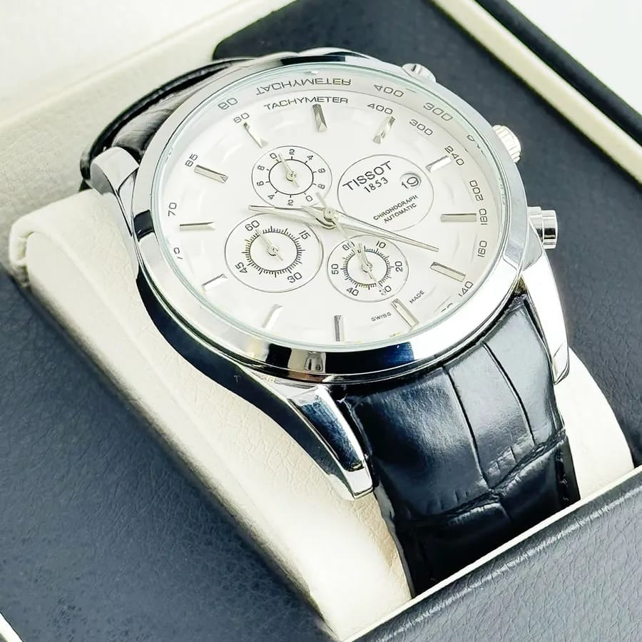 Tissot  Couturier Chronograph White Dial Black Leather Strap