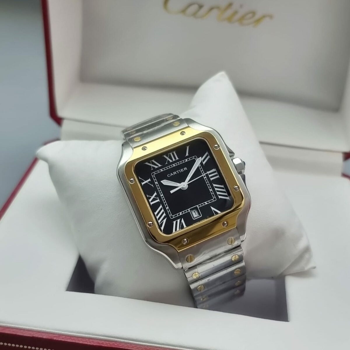 Santos de Cartier silver and gold frame black dial