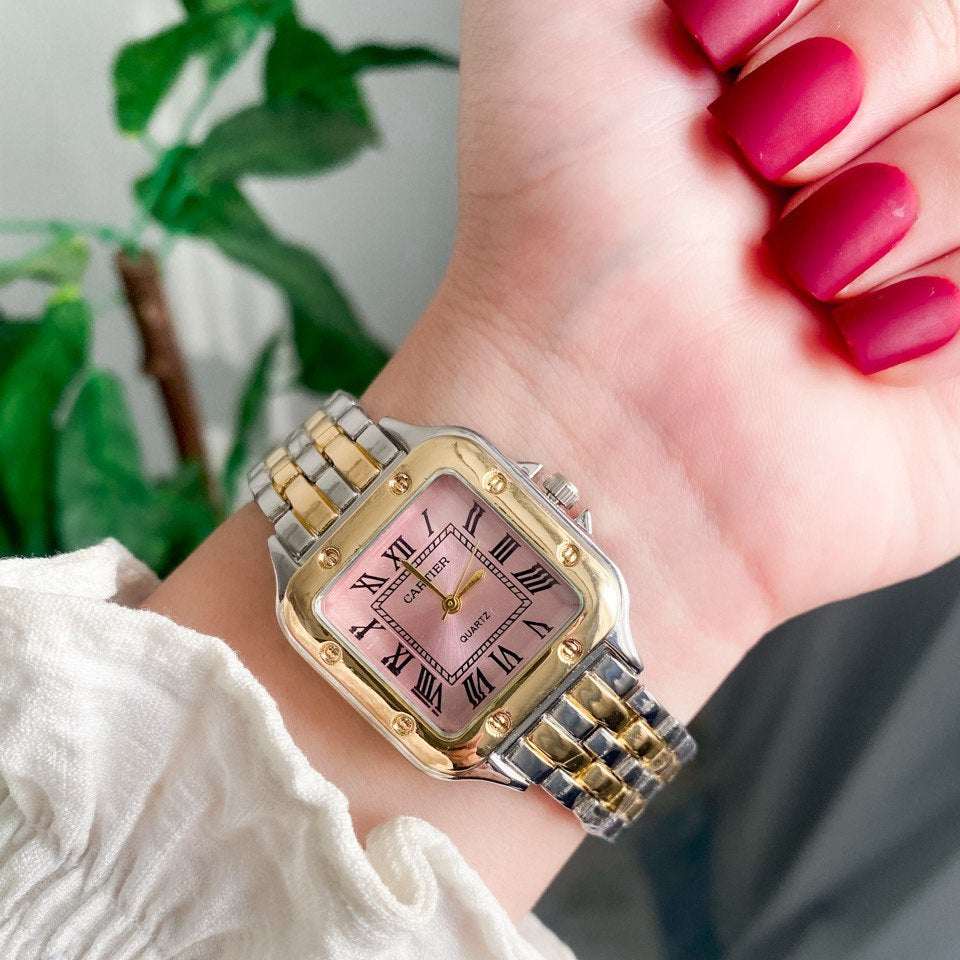 Cartier Santos Lady woman Silver, Gold With Pink dial