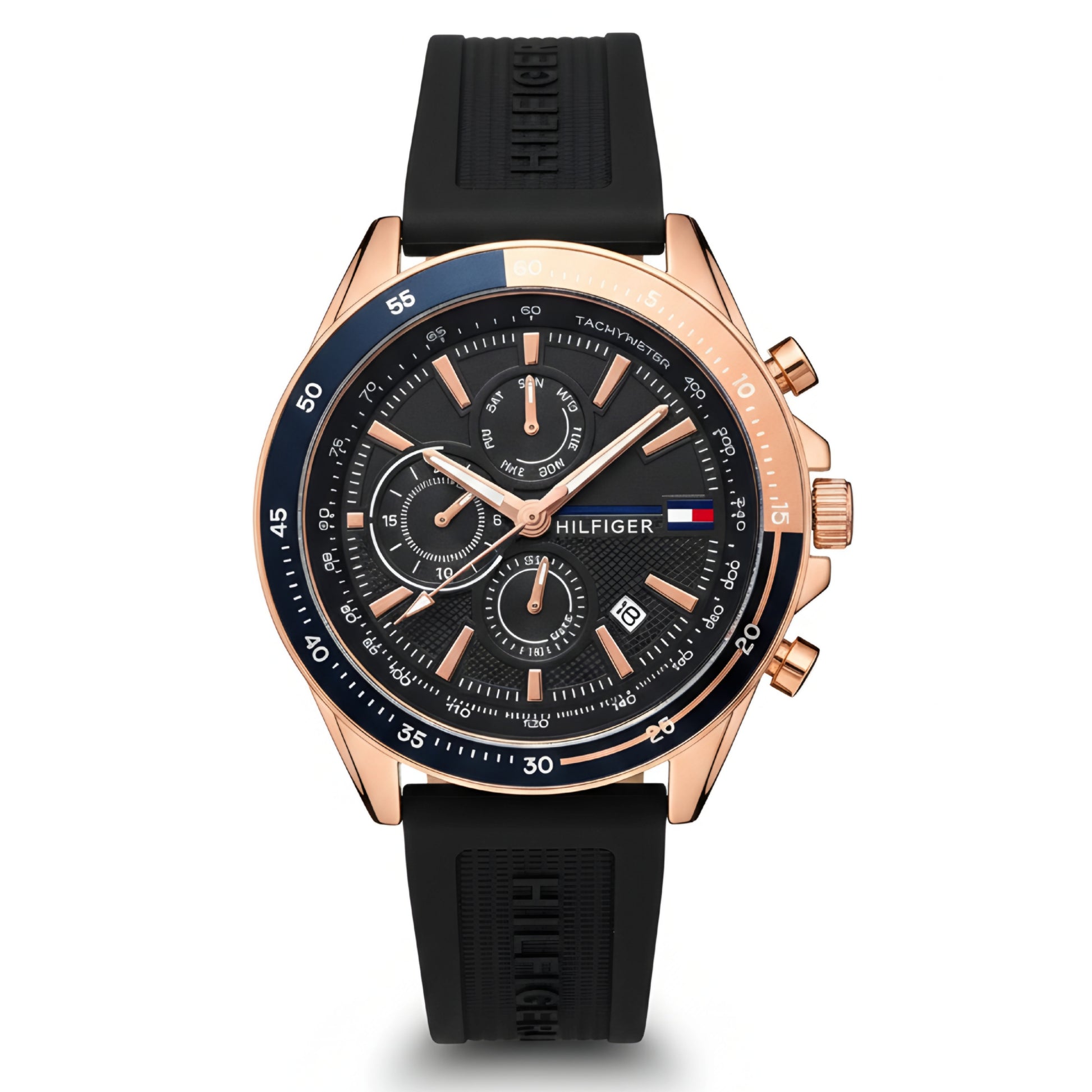 Tommy Hilfiger Men's Watch – Quarters, Black Rubber Strap, Dual-Tone Black & Gold Case, 46mm