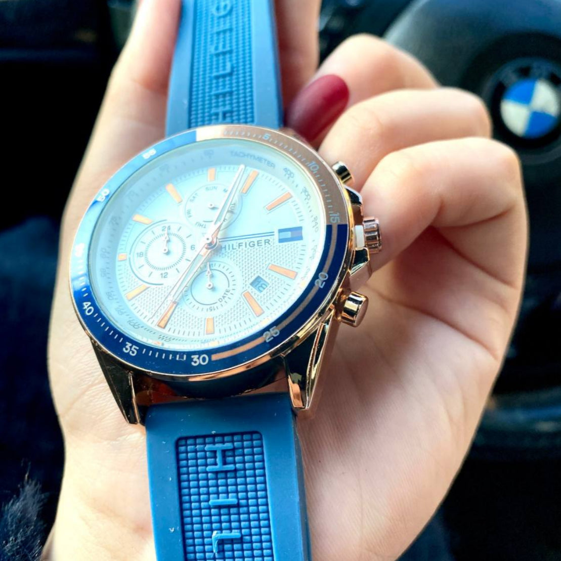 TOMMY HILFIGER
Men's Round Shape Silicone Strap Chronograph Wrist Watch 46 mm - Blue