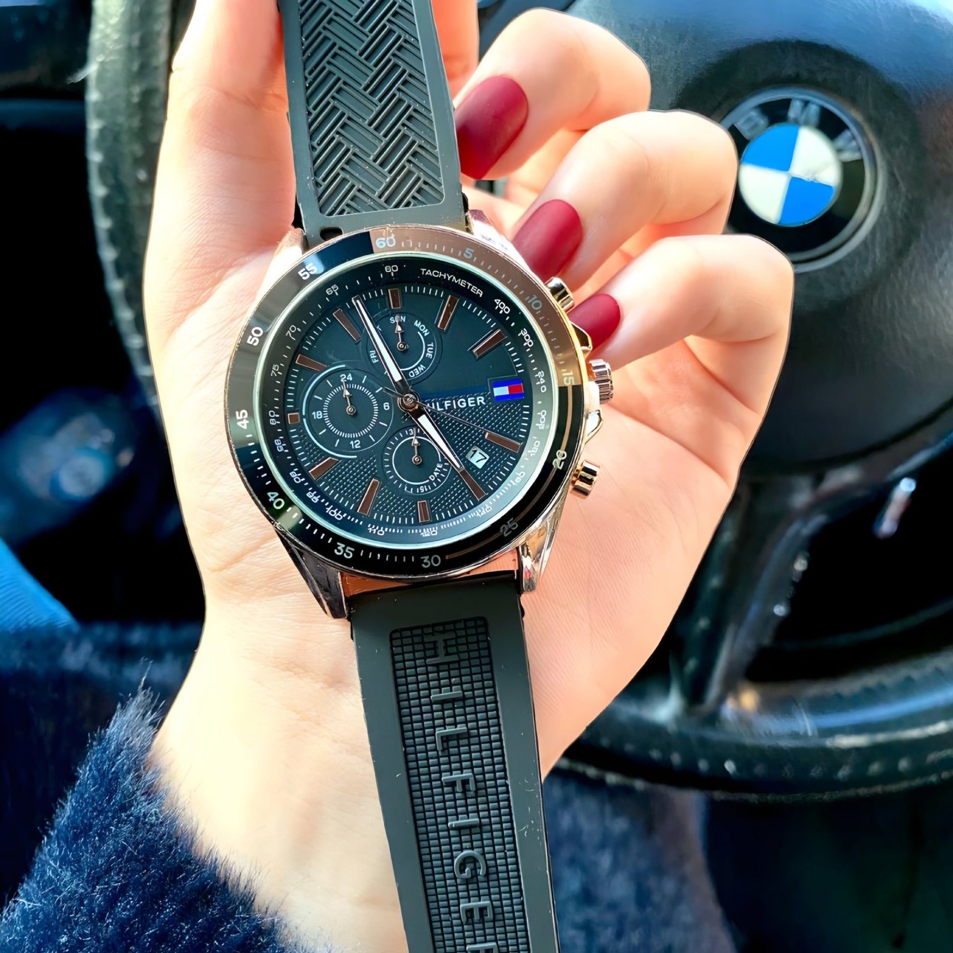 Tommy Hilfiger Men's Watch – Quarters, Black Rubber Strap, Dual-Tone Black & Gold Case, 46mm