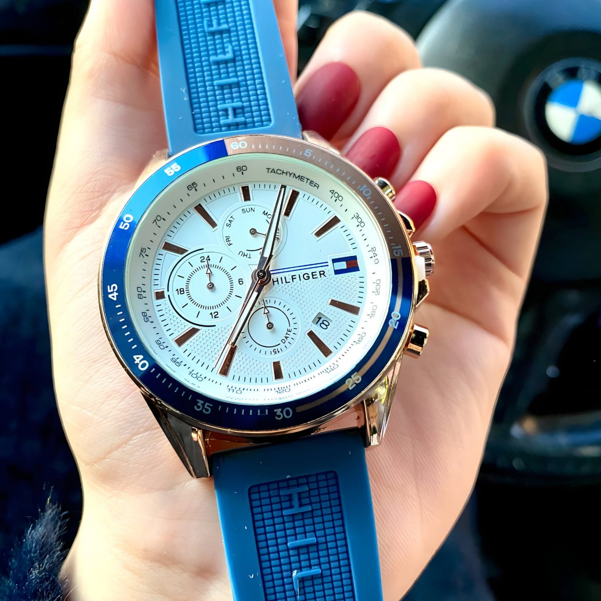 TOMMY HILFIGER
Men's Round Shape Silicone Strap Chronograph Wrist Watch 46 mm - Blue