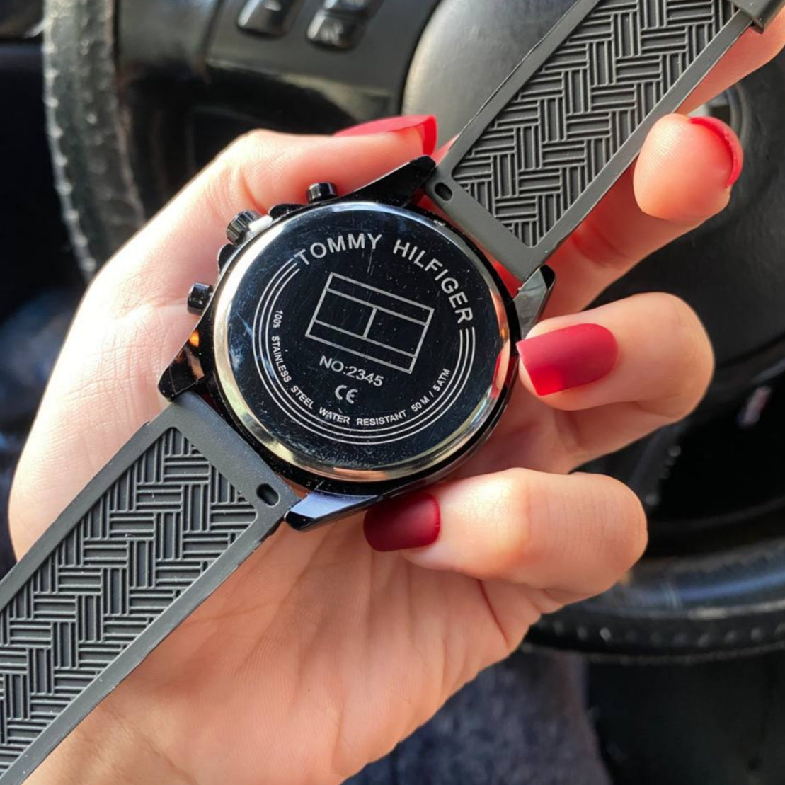 Tommy Hilfiger Men's Watch – Quarters, Black Rubber Strap, Dual-Tone Black & Gold Case, 46mm